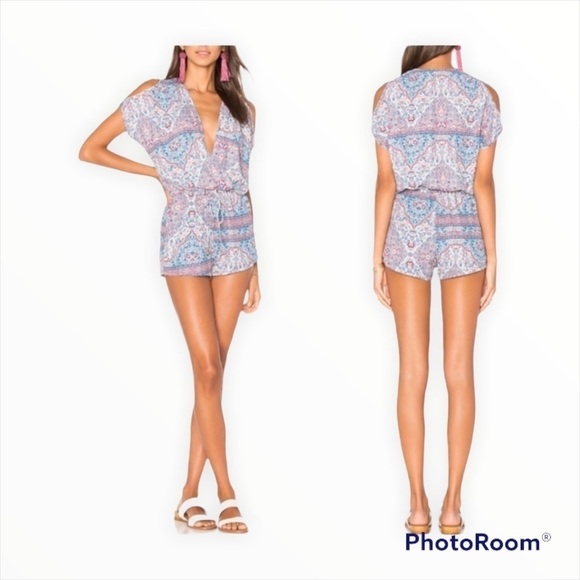 HEARTLOOM x REVOLVE White Printed Malena Cold V Neck Shoulder Romper Size Large - Picture 1 of 5